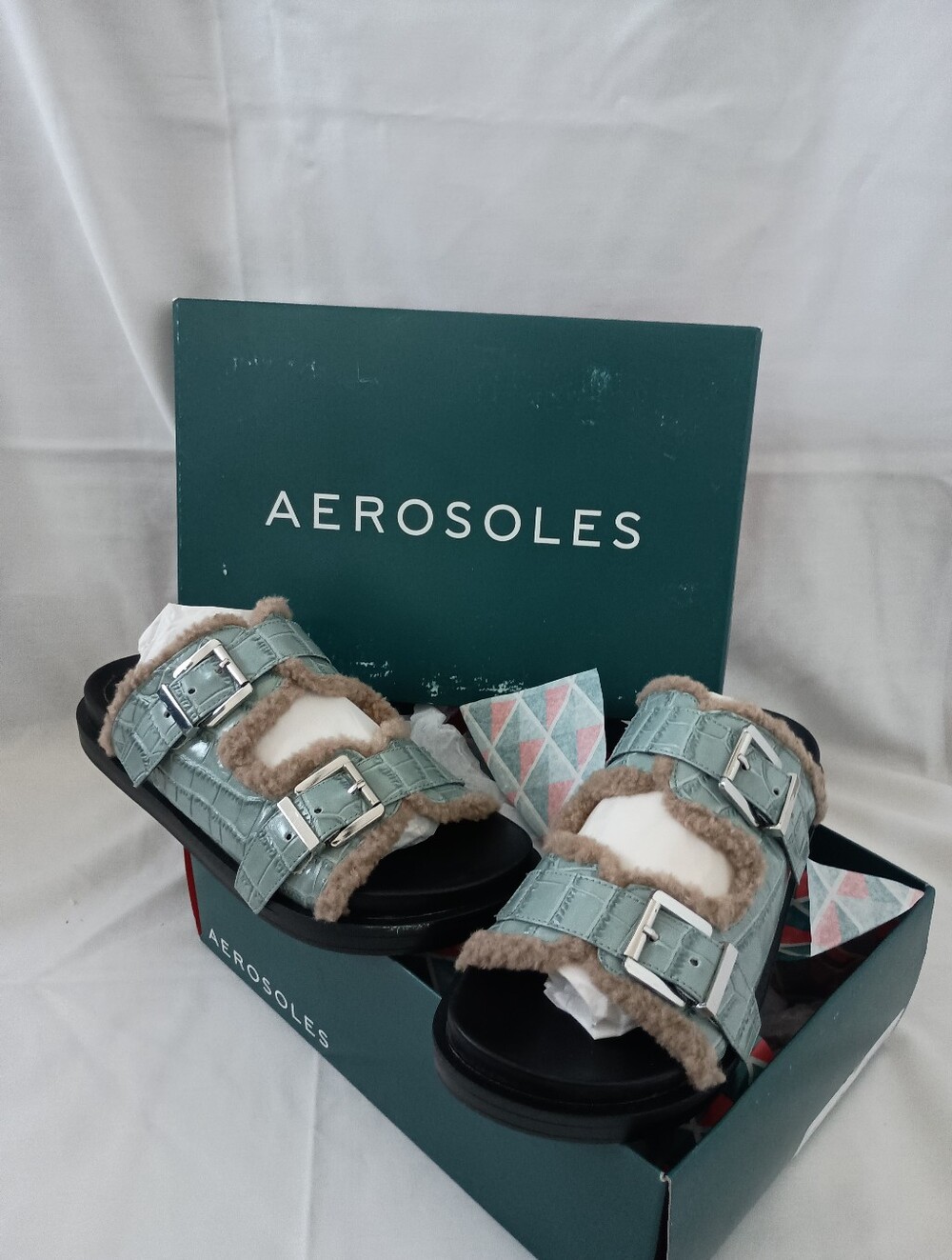 AEROSOLES Mint Green Faux-Fur Buckle Slide Sandals for Kids